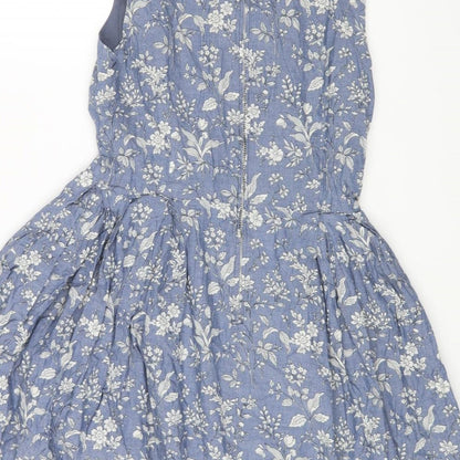 Gap Womens Blue Floral Cotton Fit & Flare Size 4 Round Neck Zip