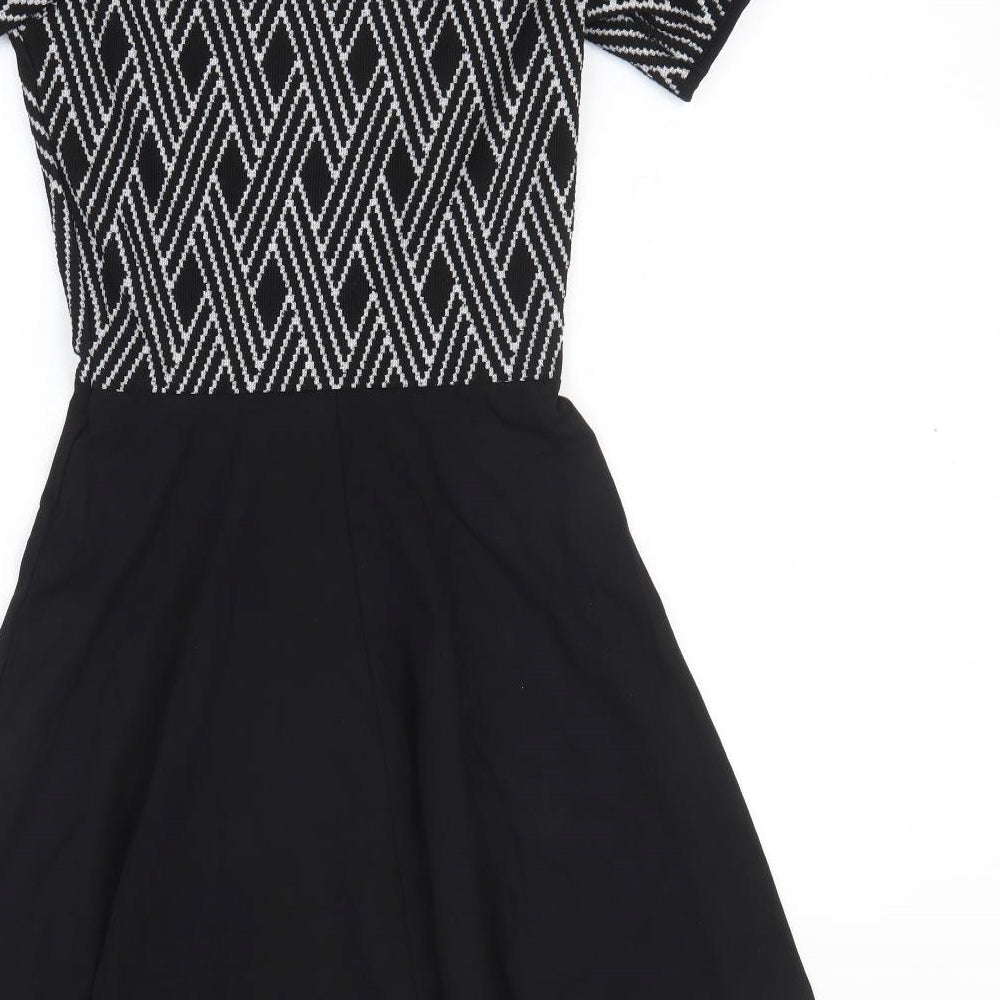 Dorothy Perkins Womens Black Argyle/Diamond Polyester Fit & Flare Size 8 Round Neck Pullover