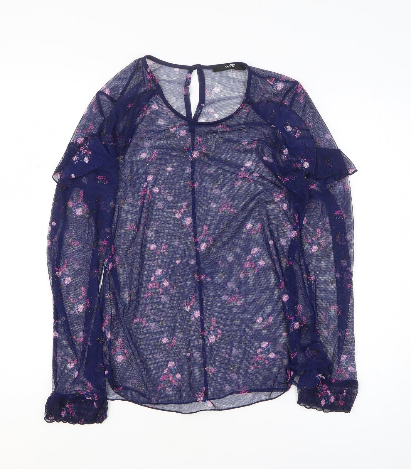 George Womens Blue Floral Polyester Basic T-Shirt Size 10 Round Neck