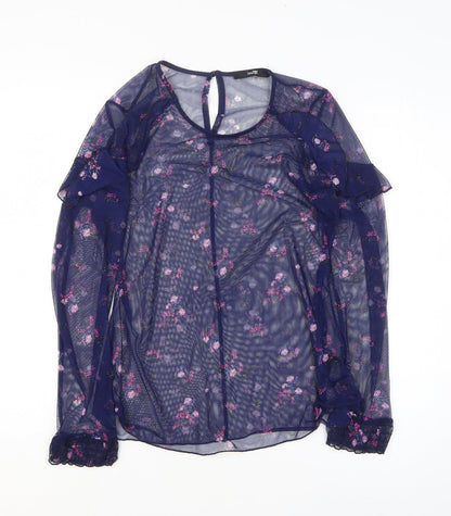 George Womens Blue Floral Polyester Basic T-Shirt Size 10 Round Neck