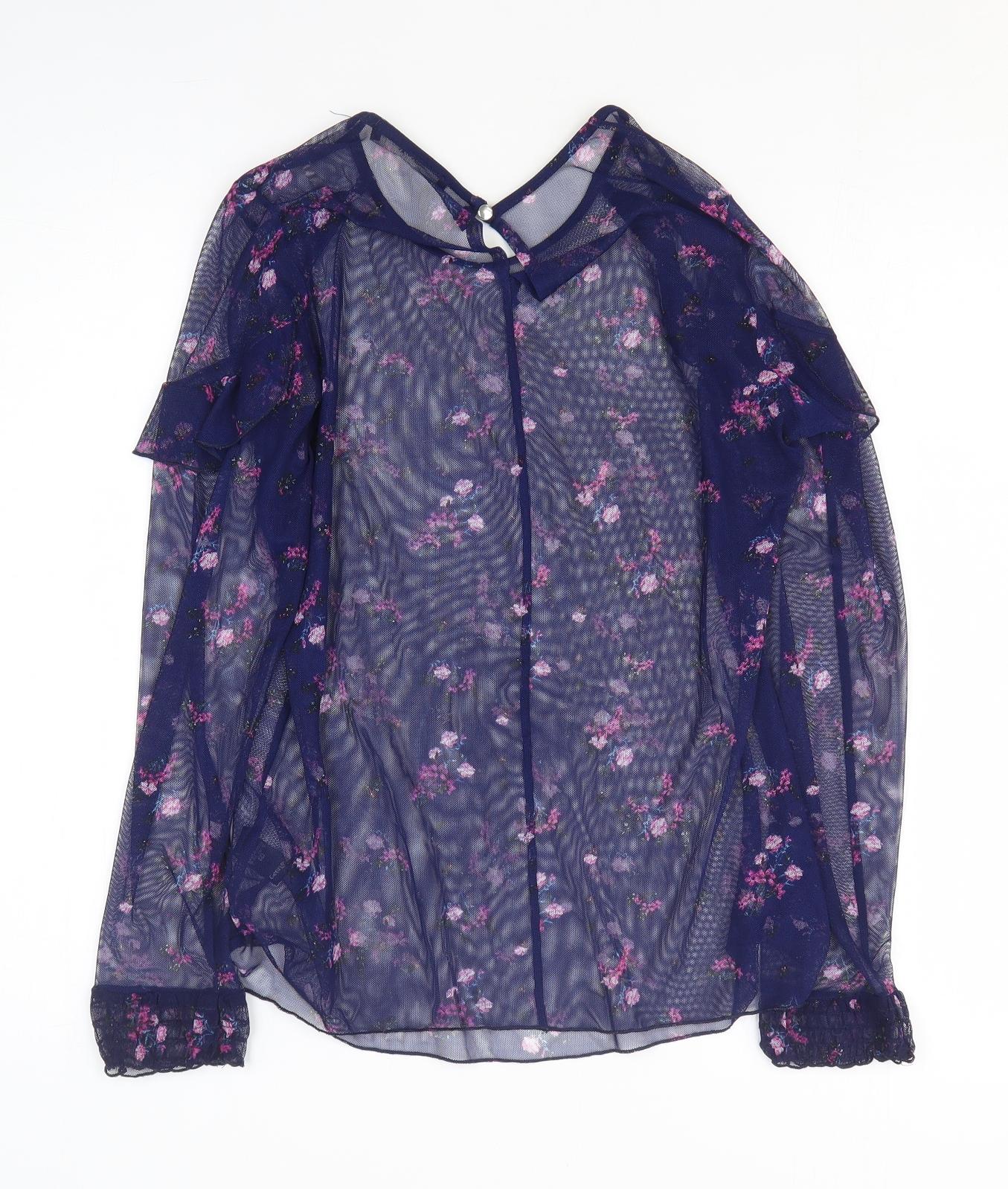 George Womens Blue Floral Polyester Basic T-Shirt Size 10 Round Neck