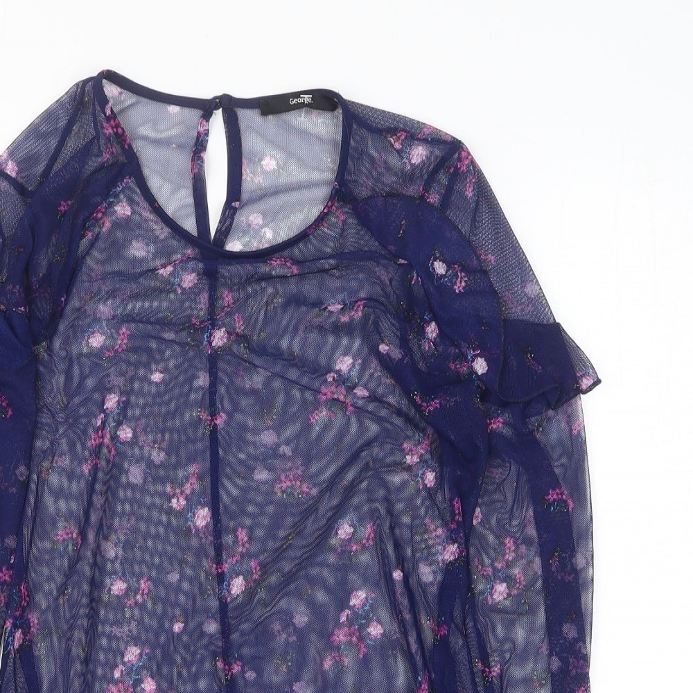 George Womens Blue Floral Polyester Basic T-Shirt Size 10 Round Neck