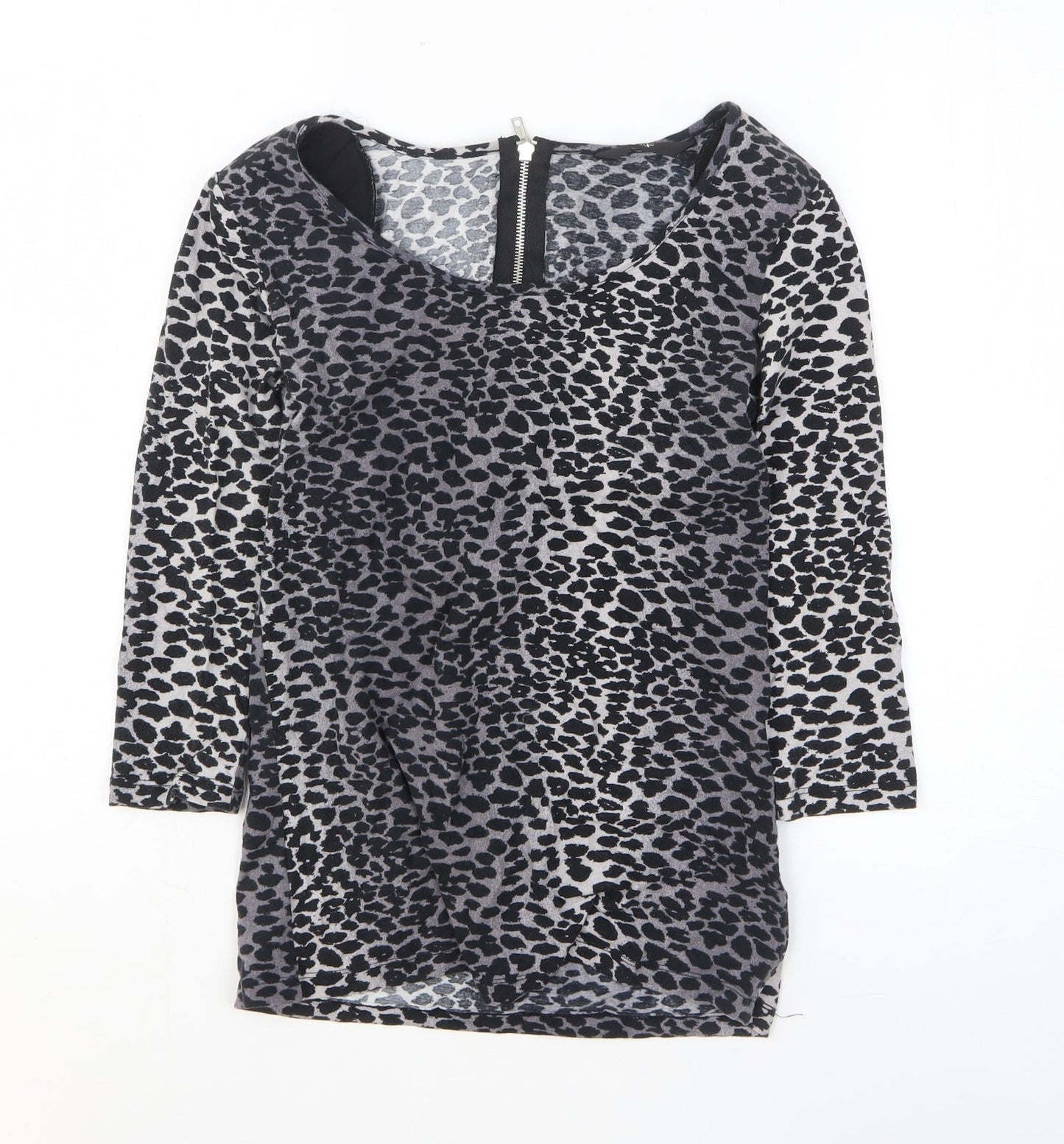 F&F Womens Black Animal Print Cotton Basic T-Shirt Size 10 Boat Neck - Leopard Print