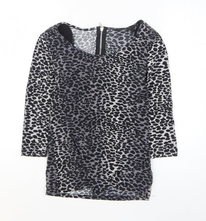 F&F Womens Black Animal Print Cotton Basic T-Shirt Size 10 Boat Neck - Leopard Print