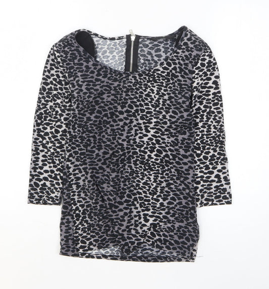 F&F Womens Black Animal Print Cotton Basic T-Shirt Size 10 Boat Neck - Leopard Print