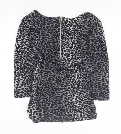 F&F Womens Black Animal Print Cotton Basic T-Shirt Size 10 Boat Neck - Leopard Print