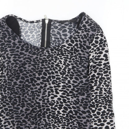 F&F Womens Black Animal Print Cotton Basic T-Shirt Size 10 Boat Neck - Leopard Print