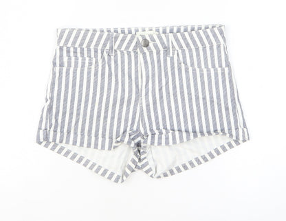 H&M Womens Grey Striped Cotton Hot Pants Shorts Size 2 L3 in Regular Zip