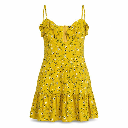 SheIn Womens Yellow Floral Polyester Fit & Flare Size XS Off the Shoulder Zip