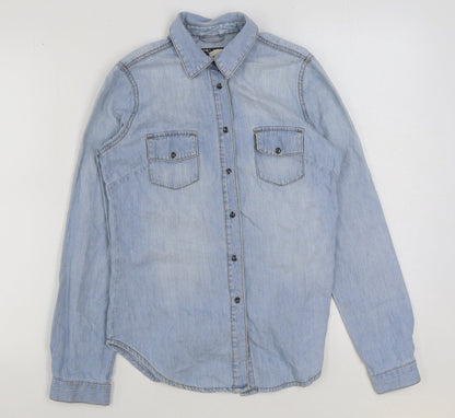 YESYES Womens Blue Cotton Basic Button-Up Size 8 Collared