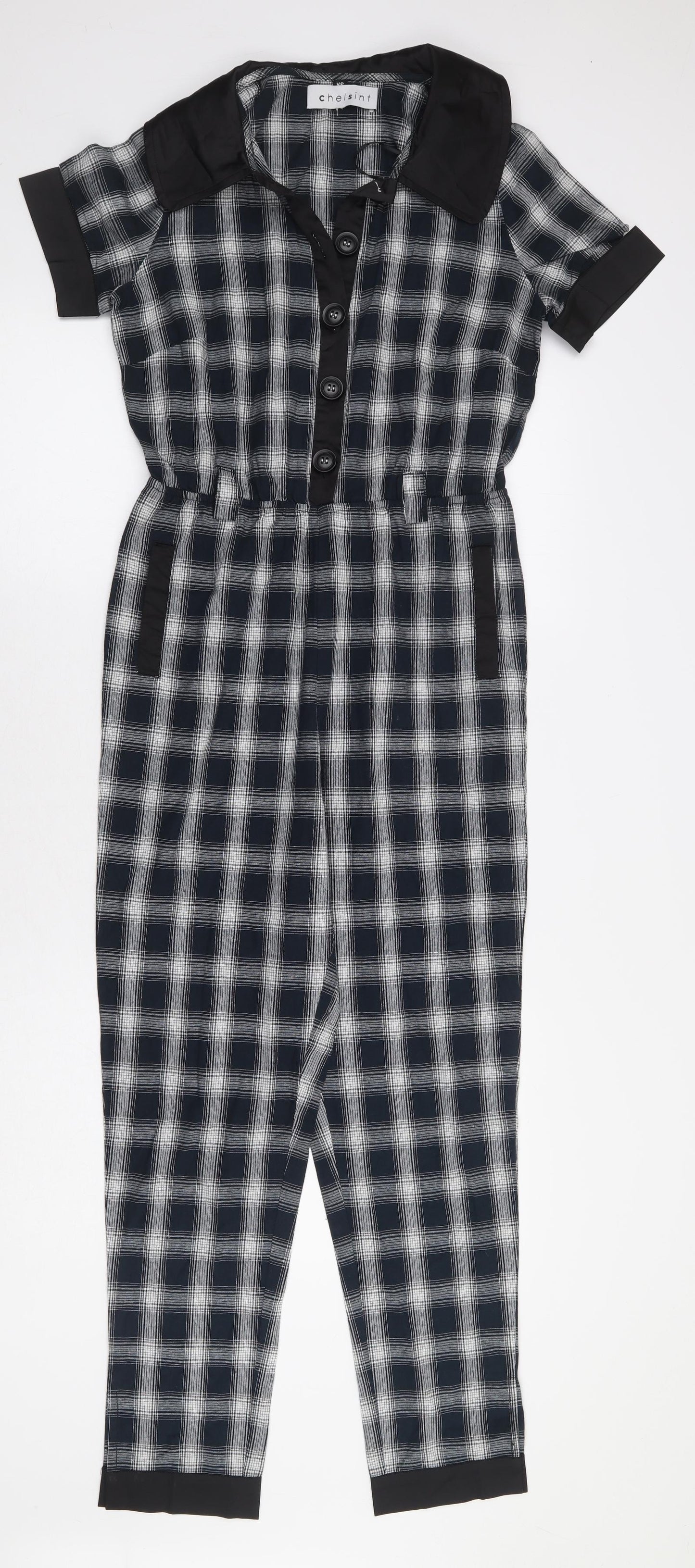 Chelsint Womens Blue Plaid 100% Cotton Jumpsuit One-Piece Size XS Button