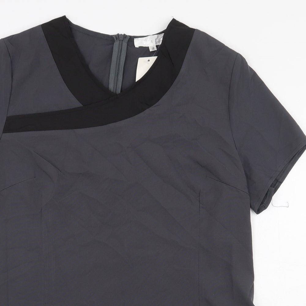 Paris Womens Grey Polyester Basic Blouse Size 16 V-Neck