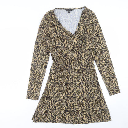 Miss Selfridge Womens Brown Animal Print Polyester A-Line Size 10 V-Neck Pullover
