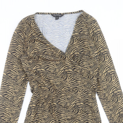 Miss Selfridge Womens Brown Animal Print Polyester A-Line Size 10 V-Neck Pullover