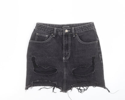 PRETTYLITTLETHING Womens Black Cotton A-Line Skirt Size 8 Button