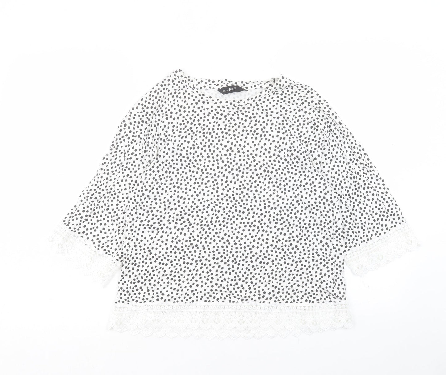 F&F Womens White Geometric Cotton Basic T-Shirt Size 12 Crew Neck