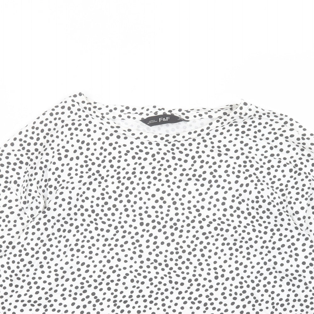 F&F Womens White Geometric Cotton Basic T-Shirt Size 12 Crew Neck