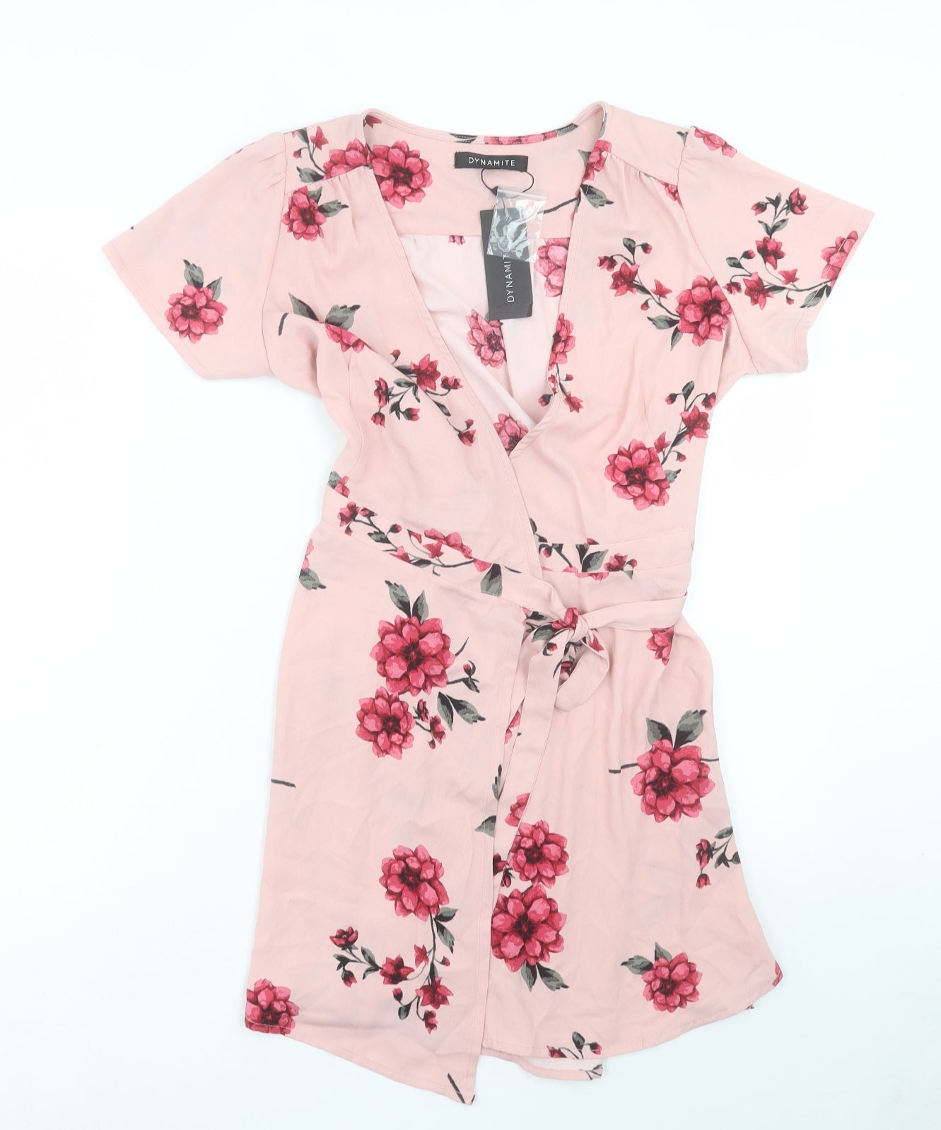 Dynamite Womens Pink Floral Polyester Wrap Dress Size S V-Neck Button