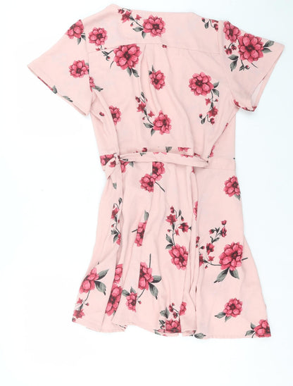 Dynamite Womens Pink Floral Polyester Wrap Dress Size S V-Neck Button