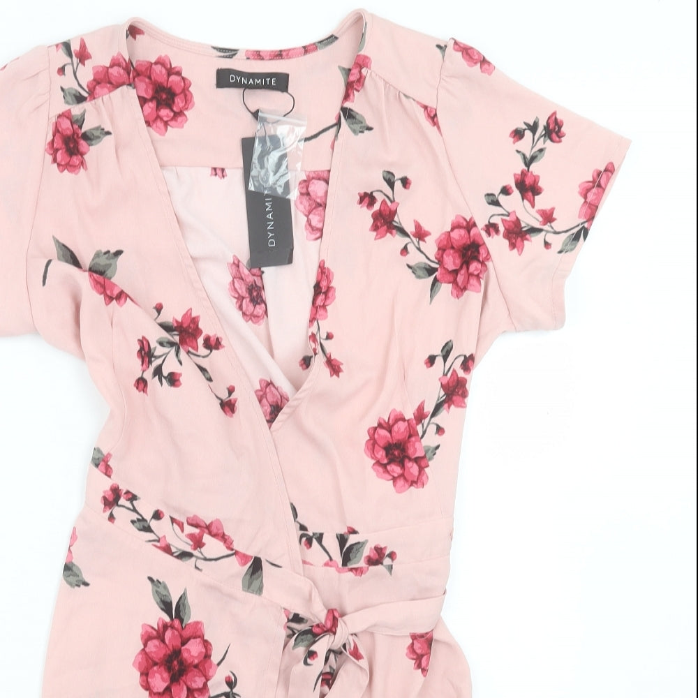 Dynamite Womens Pink Floral Polyester Wrap Dress Size S V-Neck Button