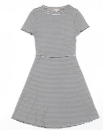 Marks and Spencer Womens White Striped Polyester A-Line Size 6 Crew Neck Pullover - Lettuce Edging