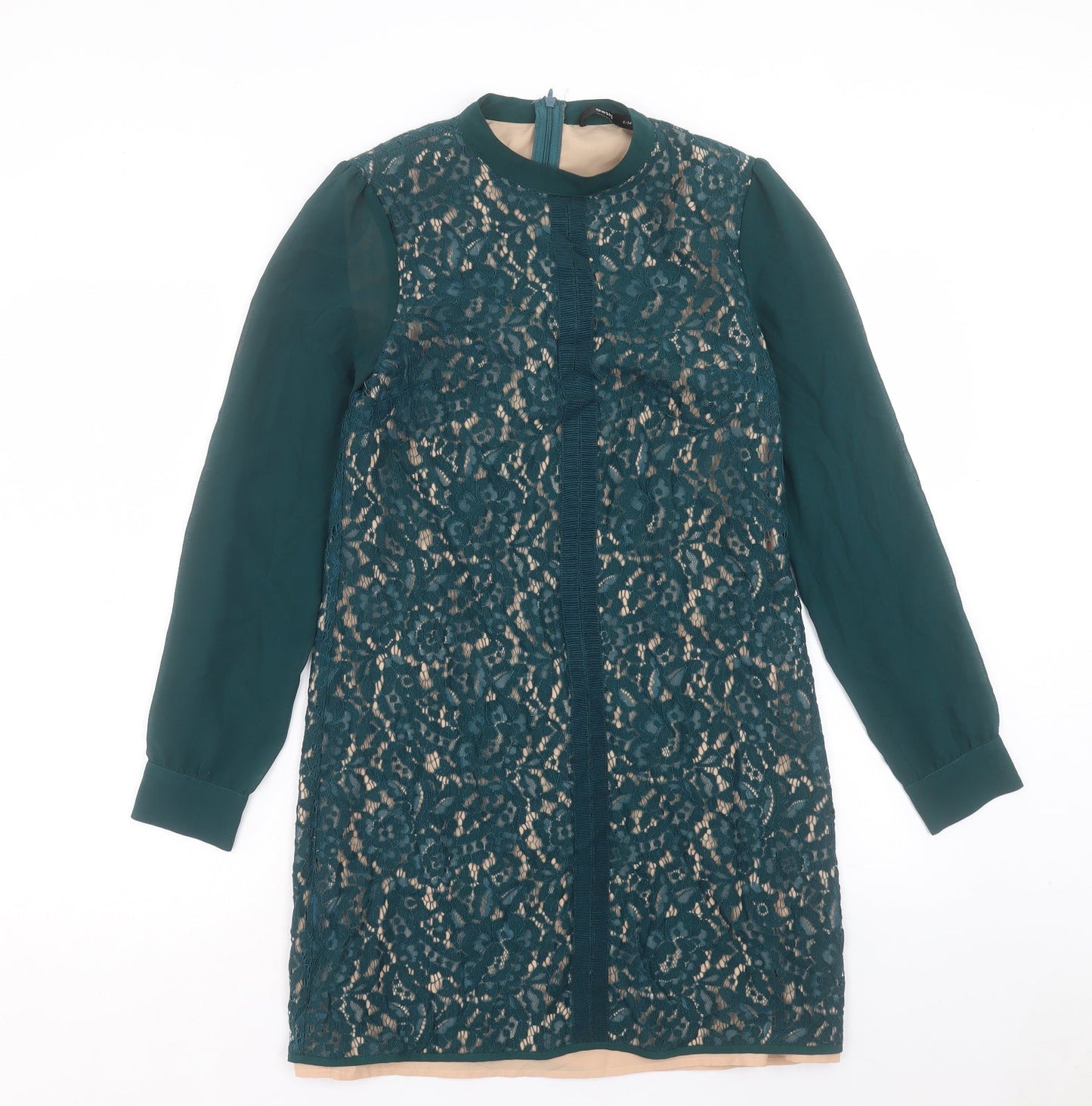 Oasis Womens Green Cotton A-Line Size 8 Crew Neck Zip