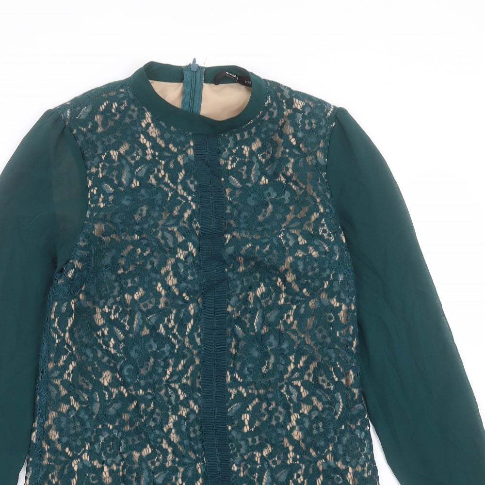 Oasis Womens Green Cotton A-Line Size 8 Crew Neck Zip