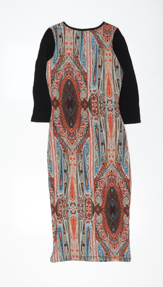 Club L Womens Multicoloured Geometric Polyester Pencil Dress Size 8 Round Neck Pullover