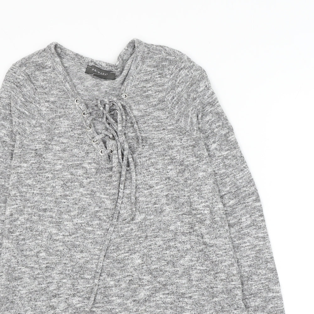 Primark Womens Grey Polyester Basic Blouse Size 10 V-Neck - Lace Up