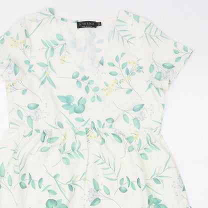 In the Style Womens White Floral Polyester Trapeze & Swing Size 10 V-Neck Pullover