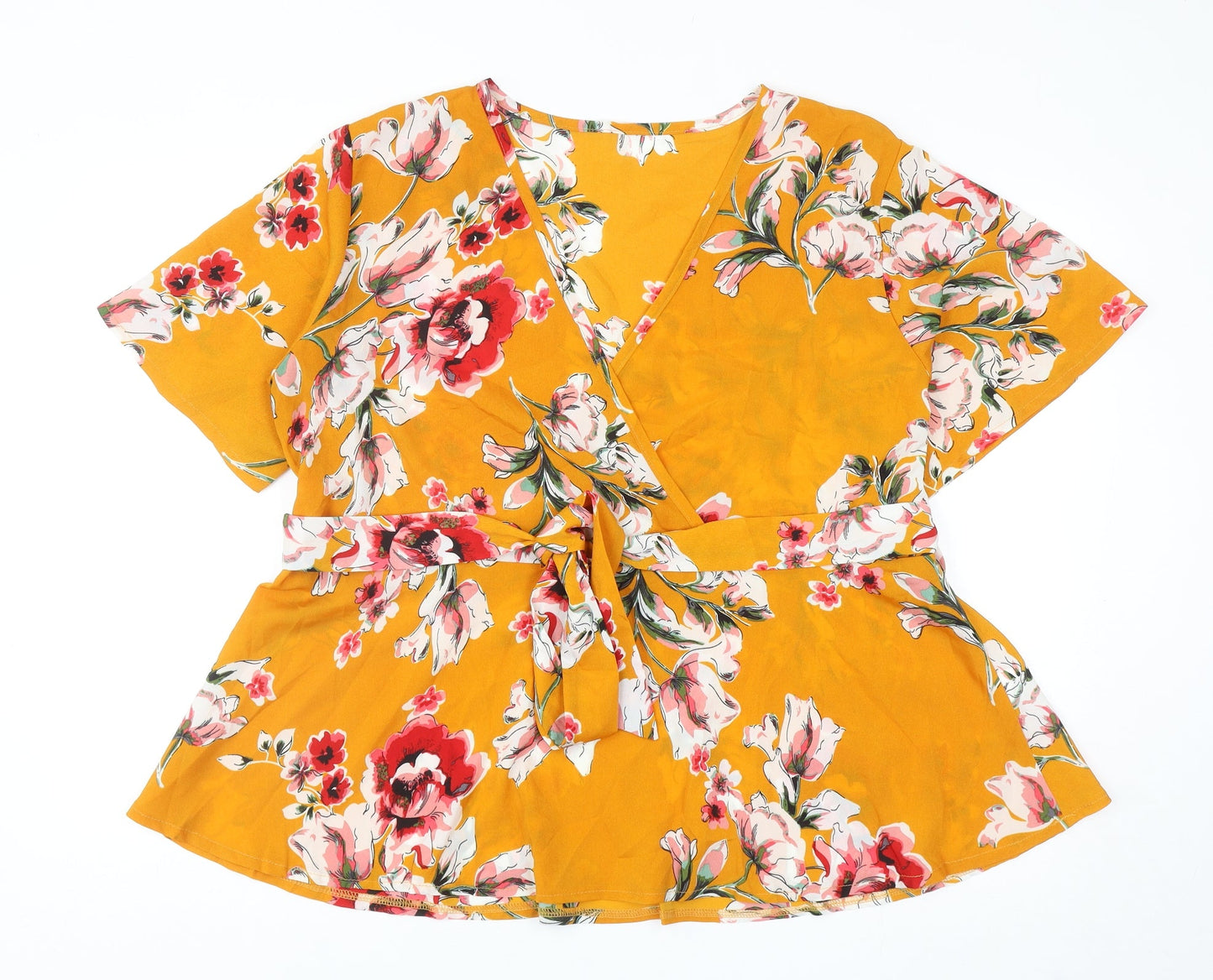 SheIn Womens Yellow Floral Polyester Basic Blouse Size XL V-Neck