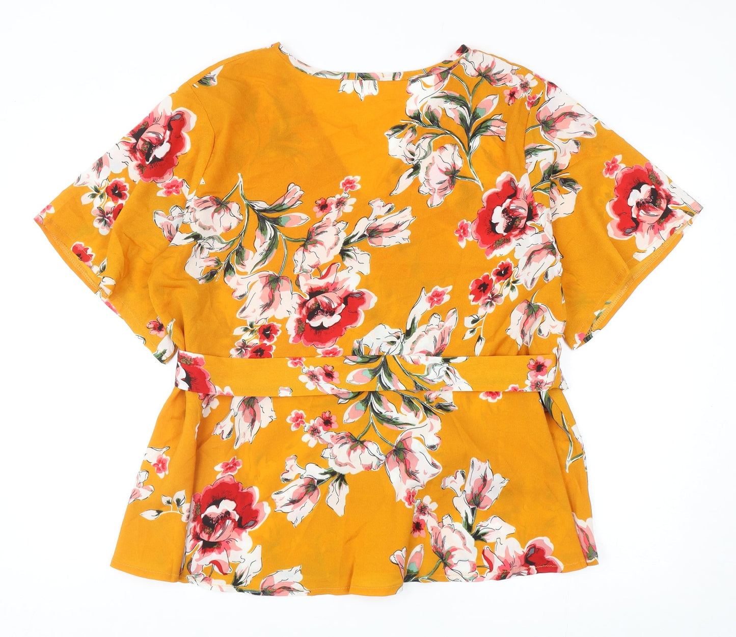 SheIn Womens Yellow Floral Polyester Basic Blouse Size XL V-Neck
