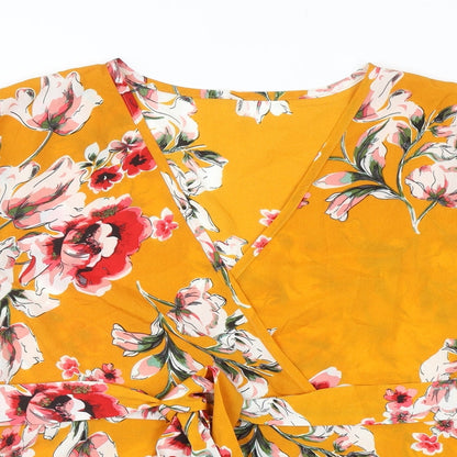 SheIn Womens Yellow Floral Polyester Basic Blouse Size XL V-Neck