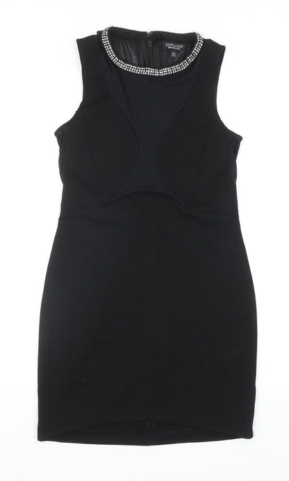 Topshop Womens Black Viscose Bodycon Size 10 Round Neck Hook & Eye - Embellished Neckline