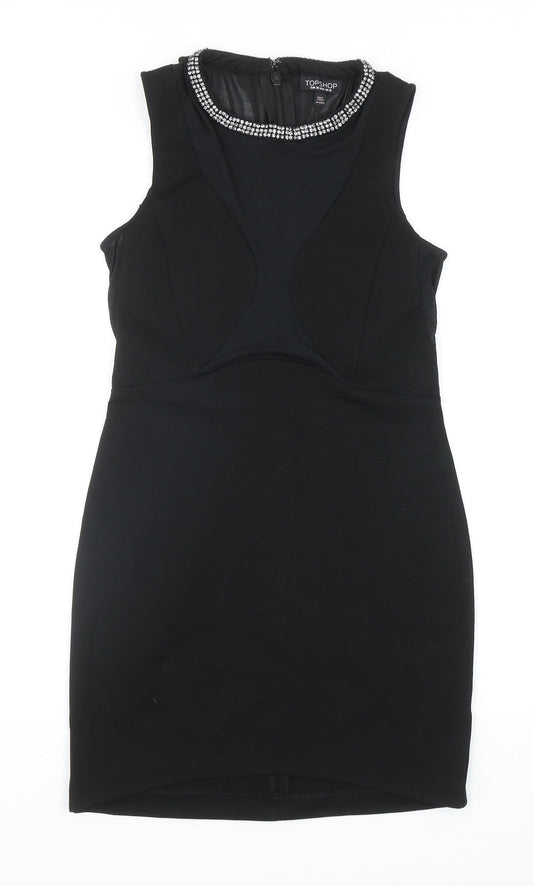 Topshop Womens Black Viscose Bodycon Size 10 Round Neck Hook & Eye - Embellished Neckline