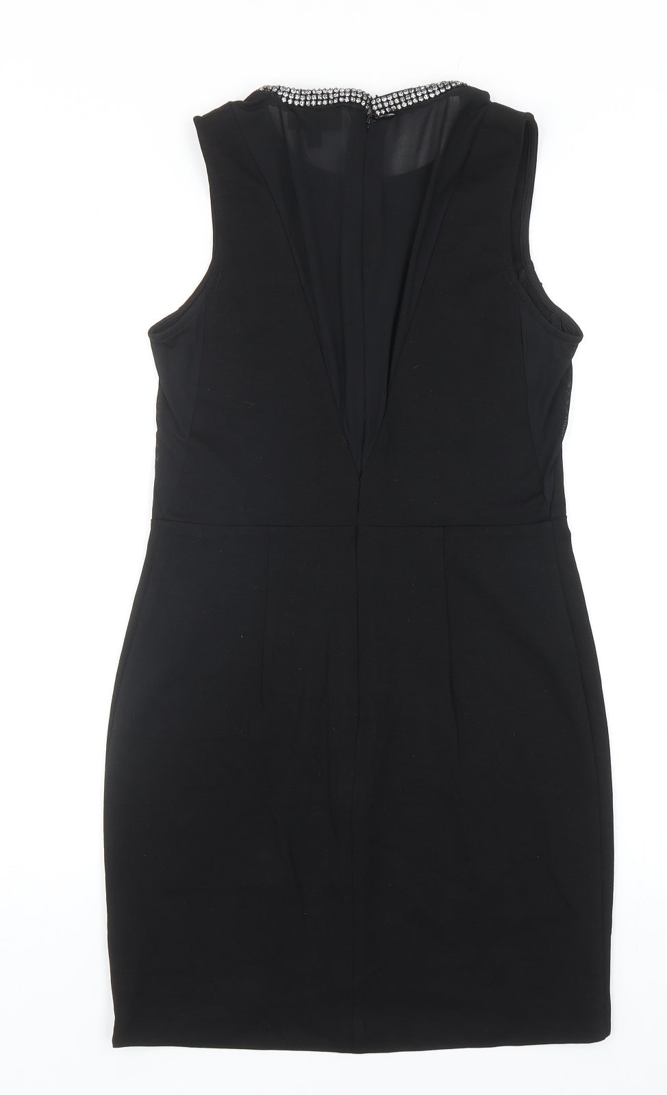 Topshop Womens Black Viscose Bodycon Size 10 Round Neck Hook & Eye - Embellished Neckline