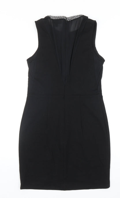 Topshop Womens Black Viscose Bodycon Size 10 Round Neck Hook & Eye - Embellished Neckline