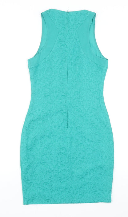Zara Womens Green Geometric Cotton Bodycon Size S Round Neck Zip