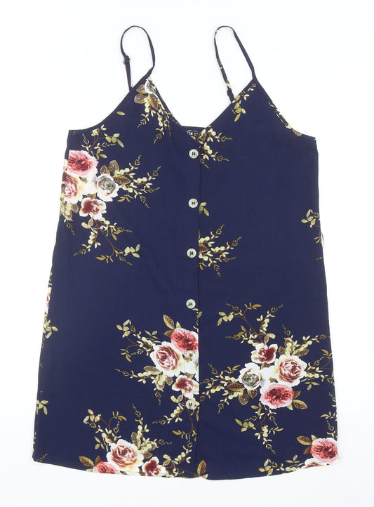 SheIn Womens Blue Floral Polyester Mini Size M V-Neck Button