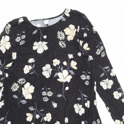 Old Navy Womens Black Floral Viscose Skater Dress Size L Round Neck Pullover