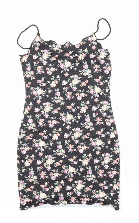 SheIn Womens Black Floral Polyester Bodycon Size XS Square Neck Pullover - Floral, Summer