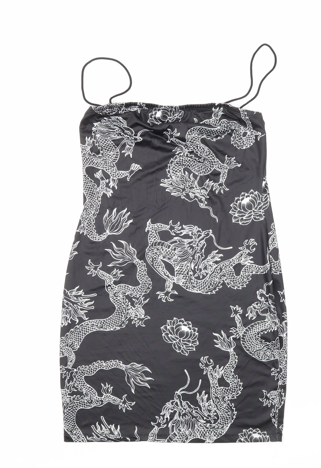 SheIn Womens Black Geometric Polyester Bodycon Size S Square Neck Pullover - Dragon Print