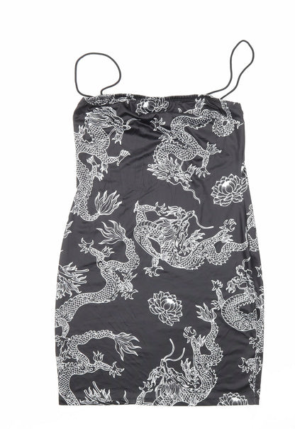 SheIn Womens Black Geometric Polyester Bodycon Size S Square Neck Pullover - Dragon Print