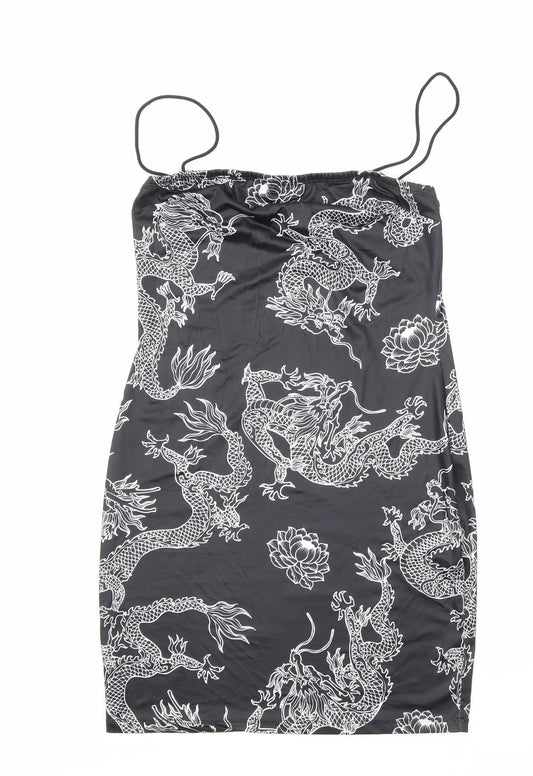 SheIn Womens Black Geometric Polyester Bodycon Size S Square Neck Pullover - Dragon Print