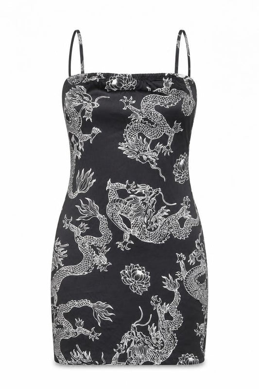 SheIn Womens Black Geometric Polyester Bodycon Size S Square Neck Pullover - Dragon Print