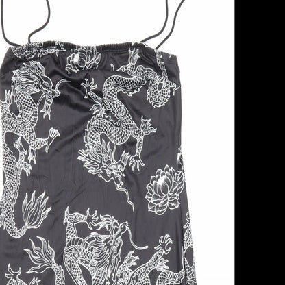 SheIn Womens Black Geometric Polyester Bodycon Size S Square Neck Pullover - Dragon Print