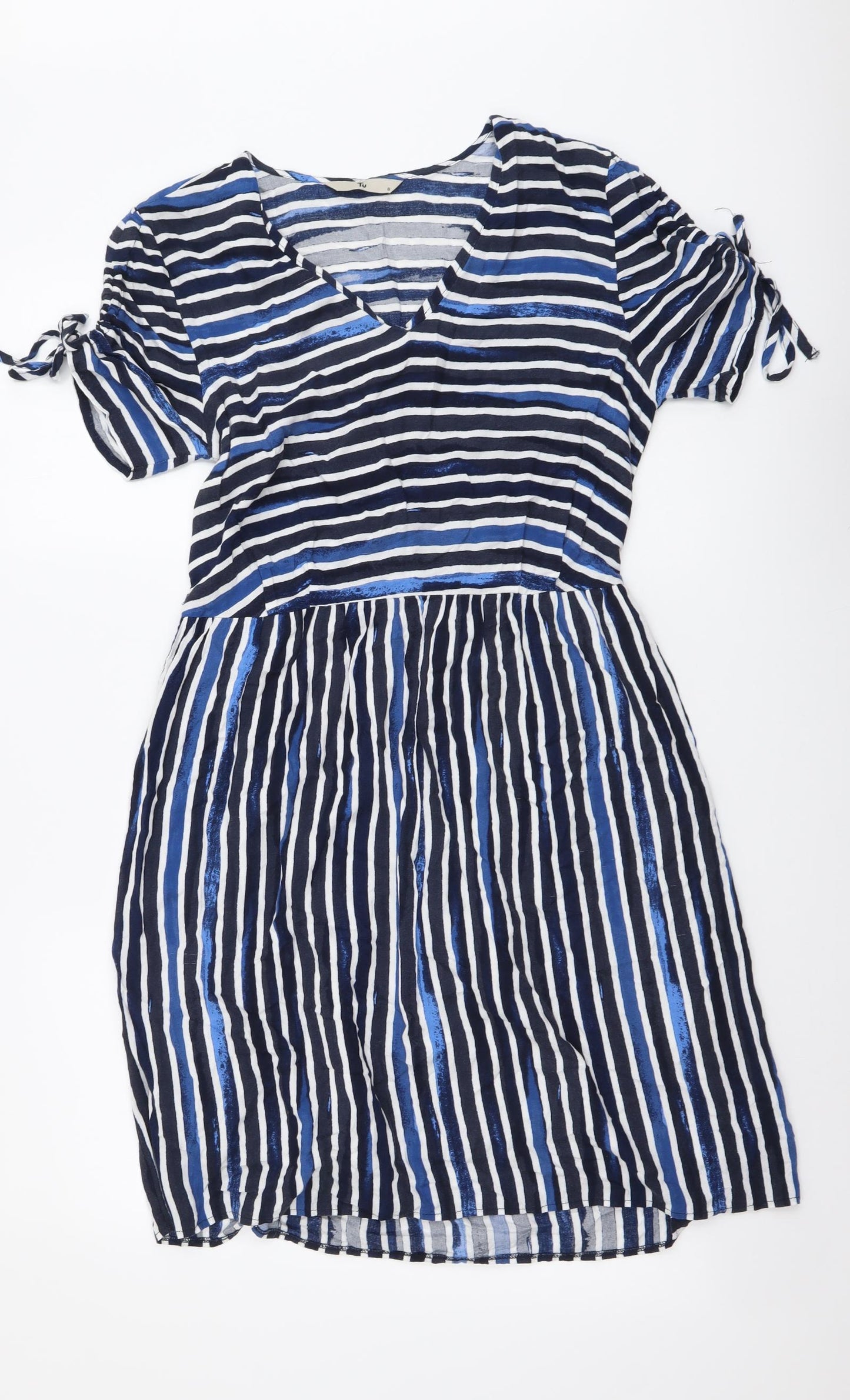 TU Womens Blue Striped Viscose A-Line Size 8 V-Neck Pullover