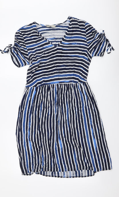 TU Womens Blue Striped Viscose A-Line Size 8 V-Neck Pullover