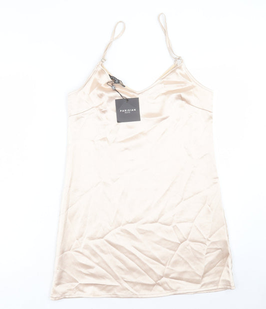PARISIAN SIGNATURE Womens Gold Polyester Slip Dress Size 10 V-Neck Pullover