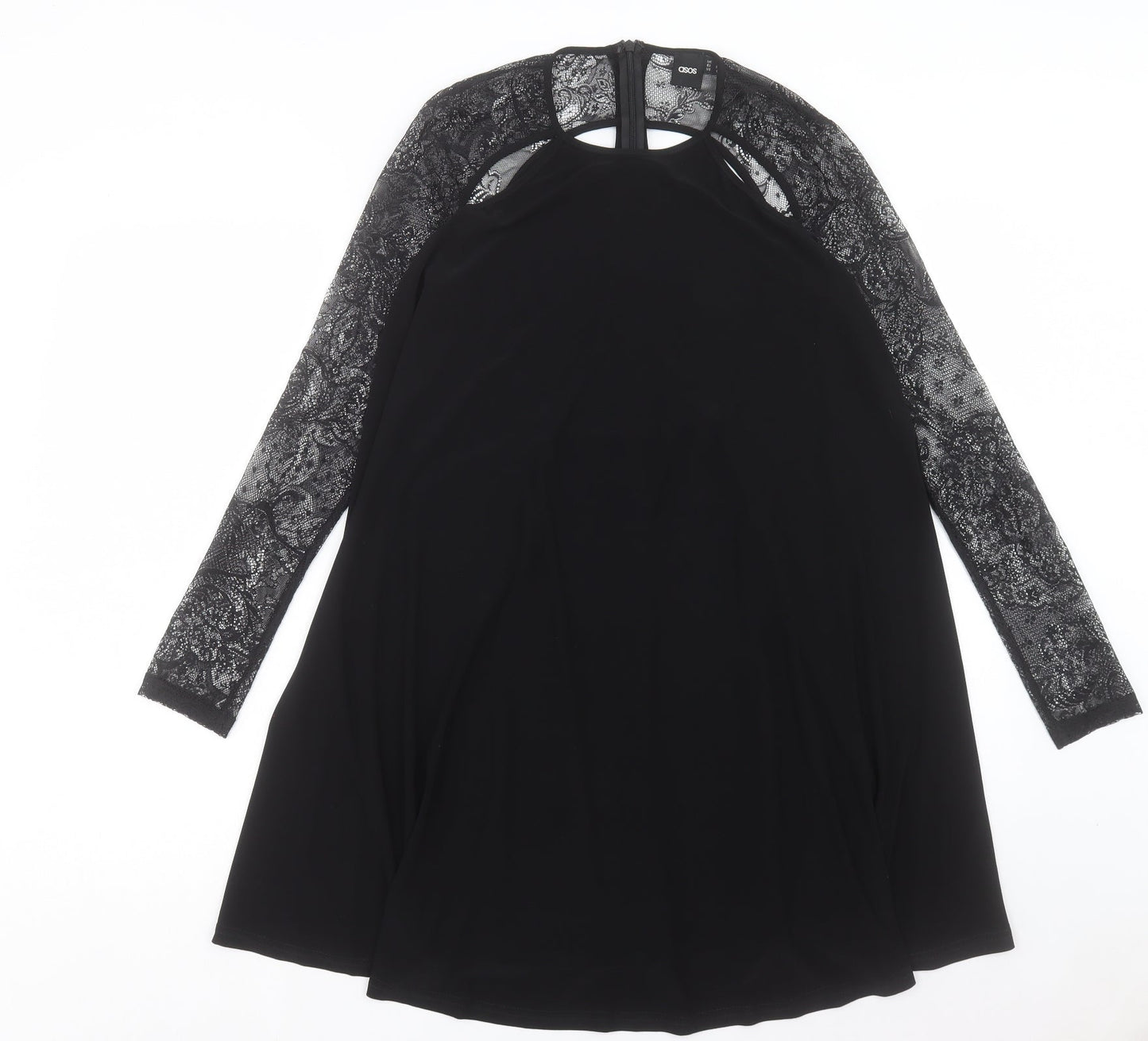 ASOS Womens Black Polyester A-Line Size 10 Crew Neck Zip - Lace Sleeve Detail